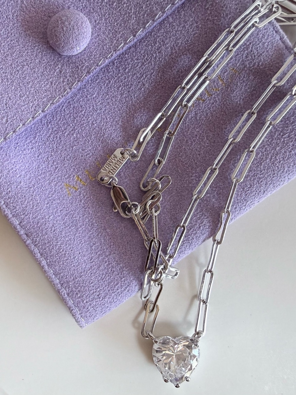 Melinda Maria Silver Paperclip Necklace with Clear Heart Crystal